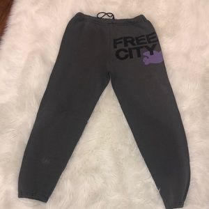 Free City gray sweatpants w purple bird
